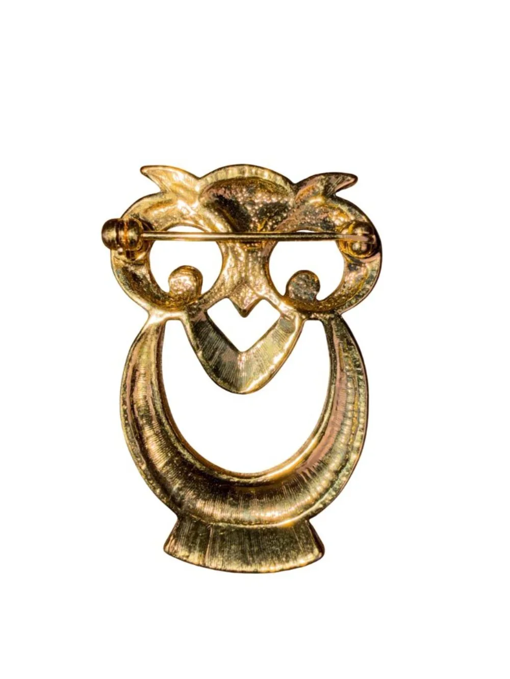 Vintage Unknown Gold Tone Owl Brooch Art Deco Style Swirling Details